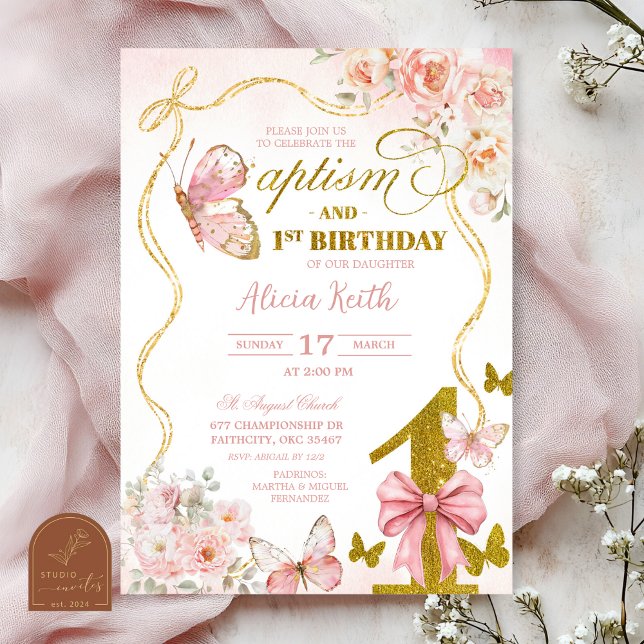 Invitation Baptême et premier anniversaire de papillon rose C (Créateur téléchargé)
