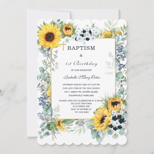 Invitation Baptême et premier anniversaire de Tournesol (Devant)