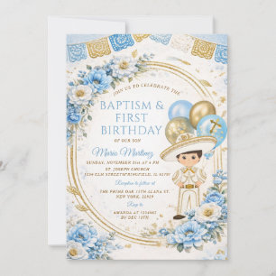 Invitation Baptême et premier anniversaire d'un garçon bleu m