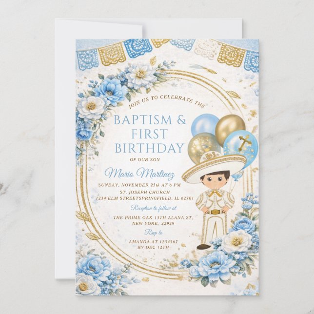 Invitation Baptême et premier anniversaire d'un garçon bleu m (Devant)