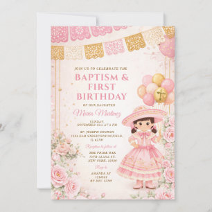 Invitation Baptême et premier anniversaire d'une fille or ros