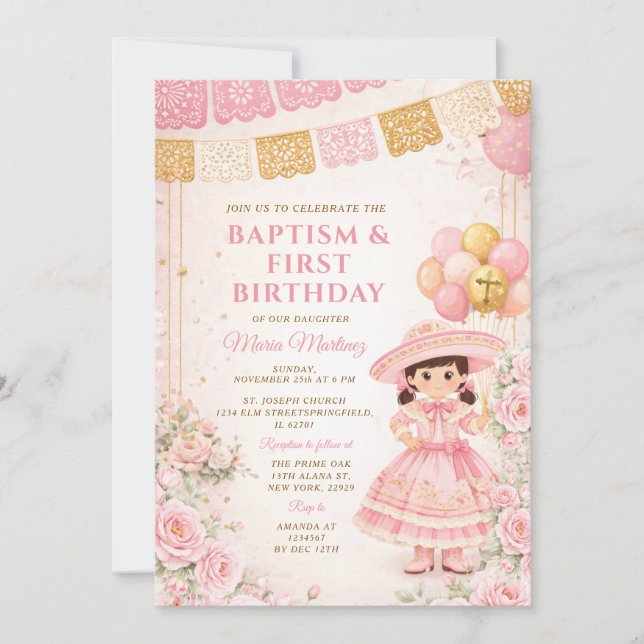 Invitation Baptême et premier anniversaire d'une fille or ros (Devant)