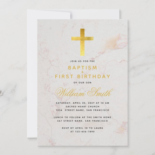 Invitation Baptême et premier anniversaire Faux Gold Cross Ma (Devant)