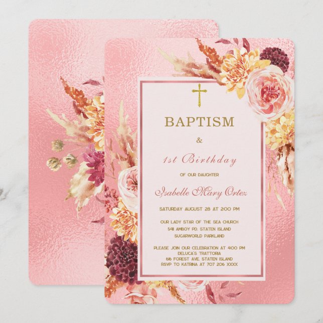 Invitation Baptême et premier anniversaire Rose Gold (Devant / Derrière)