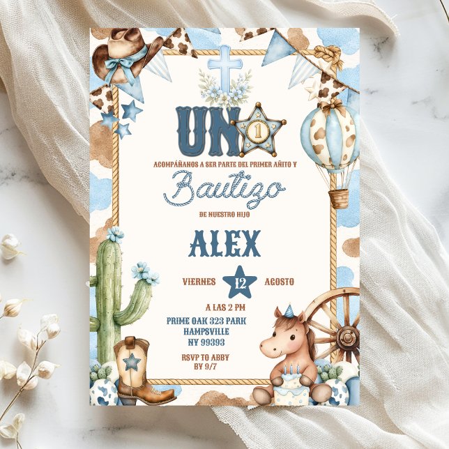 Invitation Baptême et premier rodéo Blue Cowboy Spanish Uno (Créateur téléchargé)
