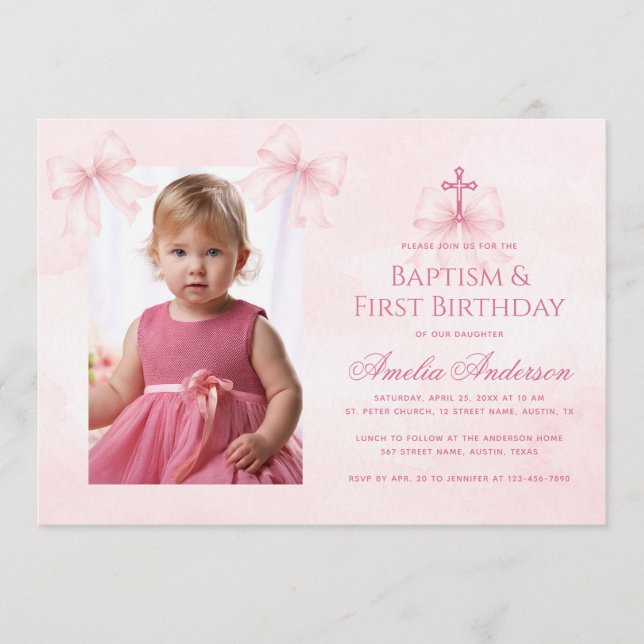Invitation Baptême et première année de naissance fille photo (Devant)