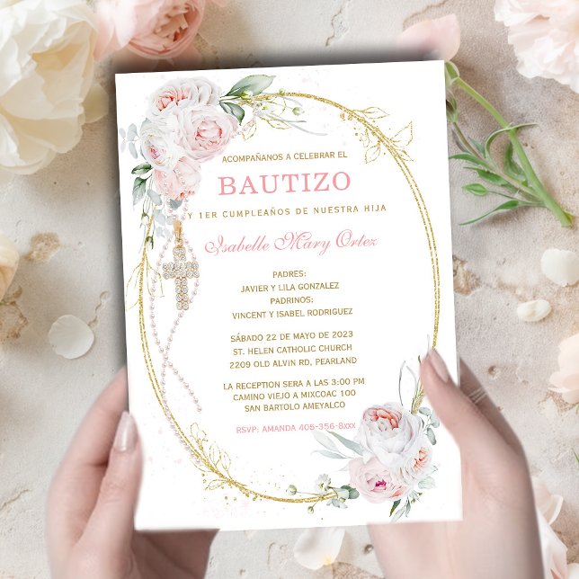 Invitation Baptême et Première Fête d'Anniversaire Fille Fleu (Créateur téléchargé)
