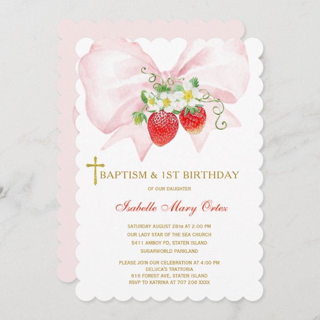 Invitation Baptême et première fraise d'anniversaire (Devant / Derrière)