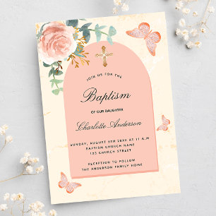 Invitation Baptême eucalyptus rousse papillons roses floraux