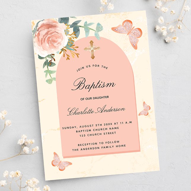 Invitation Baptême eucalyptus rousse papillons roses floraux (Créateur téléchargé)