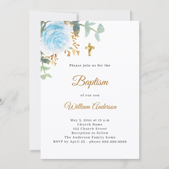 Invitation Baptême eucalyptus verdure florales bleus garçon (Devant)