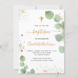 Invitation Baptême eucalyptus vert script croisé