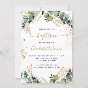 Invitation Baptême eucalyptus vert script or