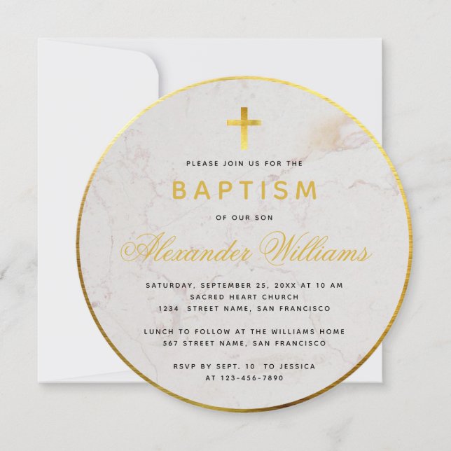 Invitation Baptême Faux Gold Foil Marbre Calligraphie ronde (Devant)
