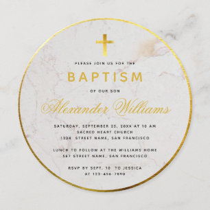 Invitation Baptême Faux Papier Doré Marbre Calligraphie Rond