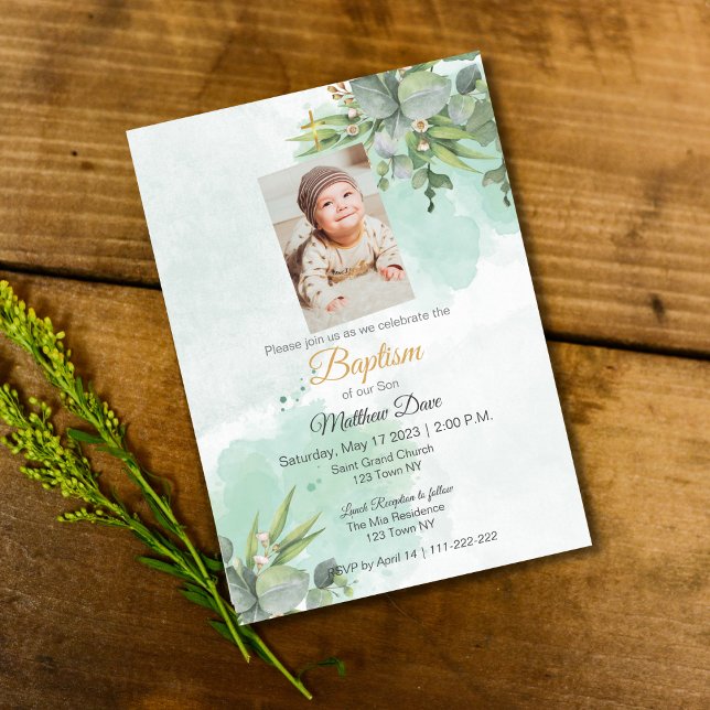Invitation Baptême Feuille verte naturelle (Natural Green Leaves Baptism Invite)