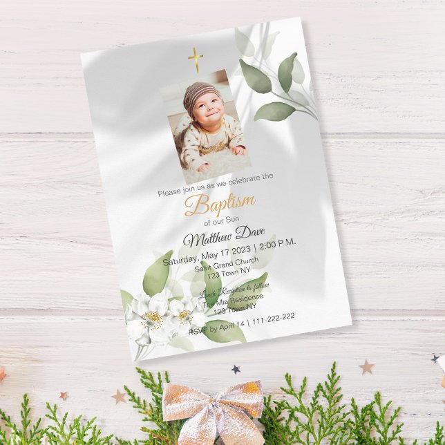 Invitation Baptême feuille verte simple (Simple Green Leaves Baptism Invite)