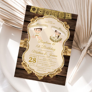 Invitation Baptême Fiesta Twin Boy & Girl Wood 1er anniversai