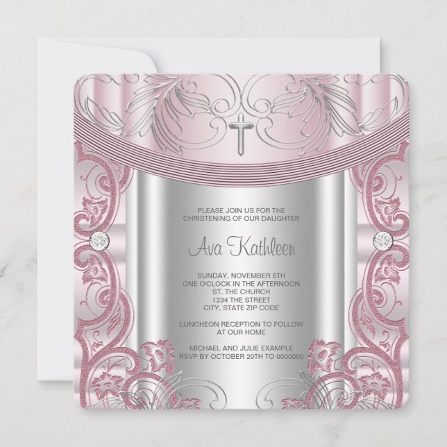 Invitation Baptême Fille Argent et Rose (Devant)