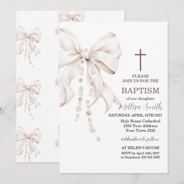 Invitation Baptême Fille au Ruban (Devant / Derrière)