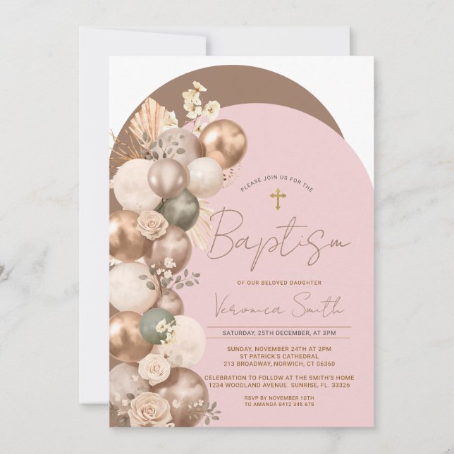 Invitation Baptême Fille Ballon Rose Pâle (Devant)
