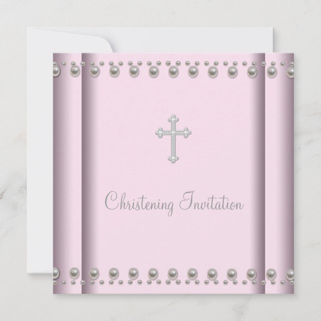 Invitation Baptême Fille Bébé Croix Perle Rose (Devant)