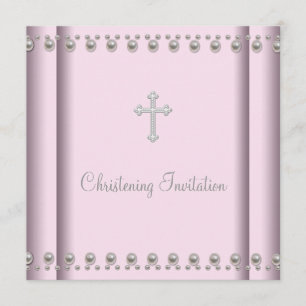 Invitation Baptême Fille Bébé Croix Perle Rose