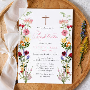 Invitation Baptême Fille Bébé Fleur Sauvage Aquarelle Colorée