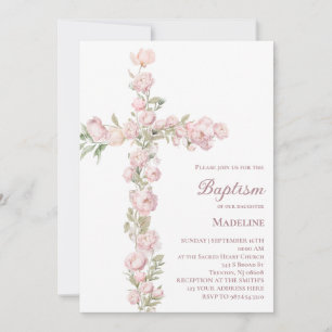 Invitation baptême fille bébé pivoines roses florales croix