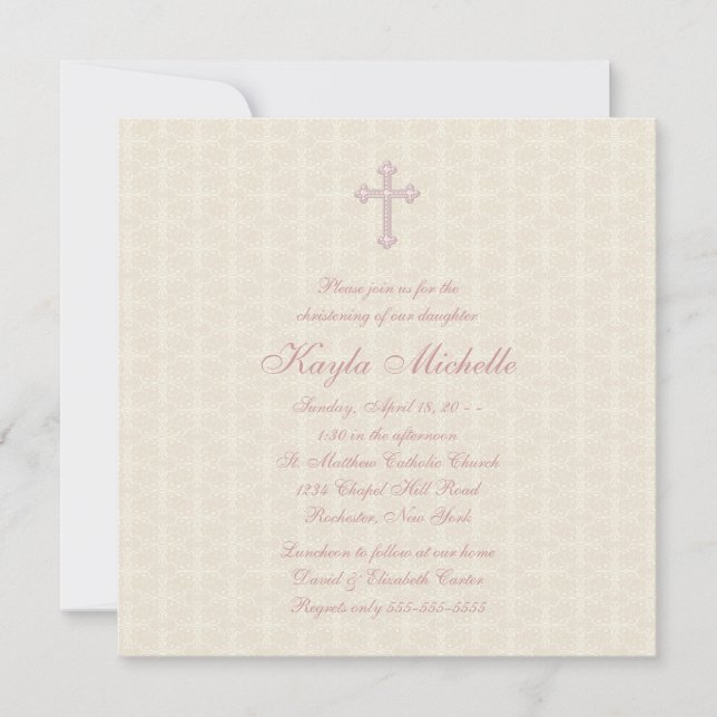 Invitation Baptême Fille Bébé Rose Damas Beige (Devant)