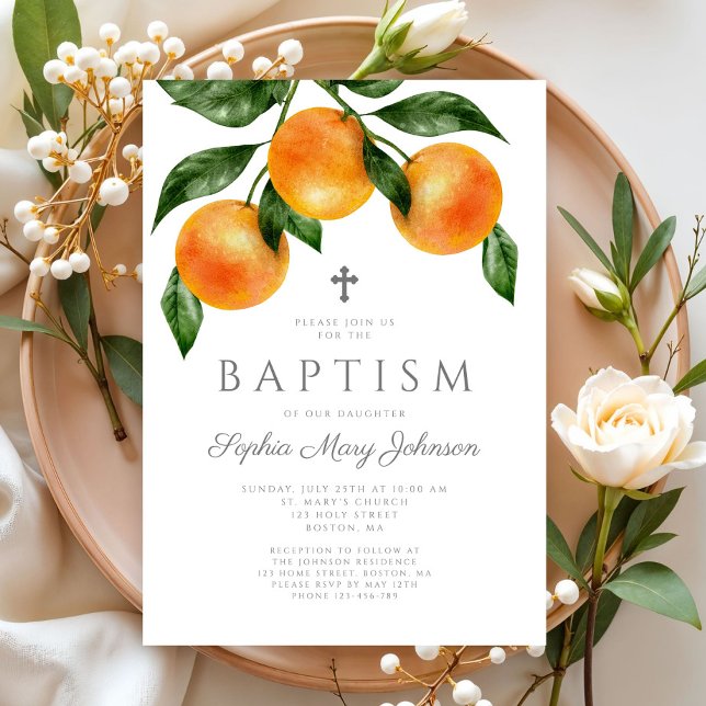 Invitation Baptême Fille Botanique Oranges Élégantes (Elegant Oranges Botanical Girl Baptism Invitation)