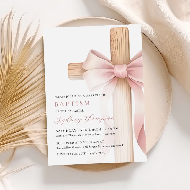 Invitation Baptême Fille Croix Arc Rose Bébé (Créateur téléchargé)