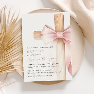 Invitation Baptême Fille Croix Arc Rose Bébé