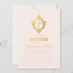 Invitation Baptême Fille Croix en faux or rose dans un blason