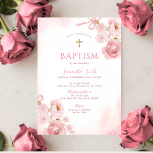 Invitation Baptême fille croix florale rose ruban rose élégan