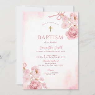 Invitation Baptême fille croix florale rose ruban rose élégan