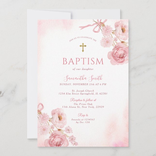 Invitation Baptême fille croix florale rose ruban rose élégan (Devant)