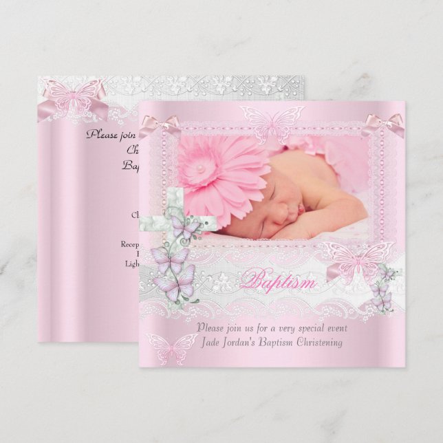 Invitation Baptême Fille Croix Papillon Dentelle Rose 2 (Devant / Derrière)