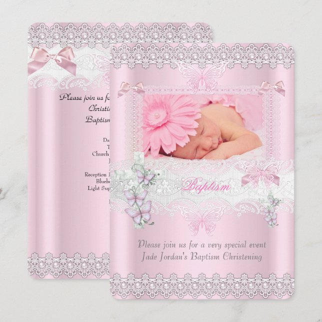 Invitation Baptême Fille Croix Papillon Dentelle Rose 3 (Devant / Derrière)