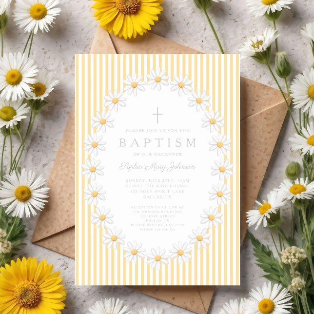Invitation Baptême Fille Élégant Fleurs de Marguerites (Elegant Floral Daisies Girl Baptism Invitation)