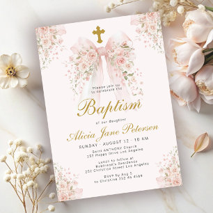 Invitation Baptême fille élégant rose arc floral église