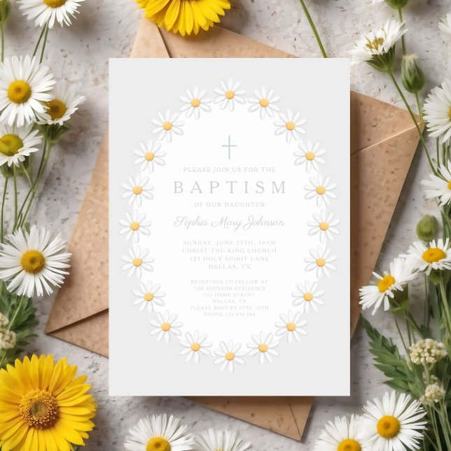 Invitation Baptême Fille Élégantes Fleurs de Marguerites (Elegant Floral Daisies Girl Baptism Invitation)