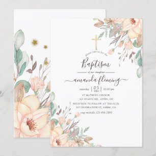 Invitation Baptême Fille Fleur Rose Pâle