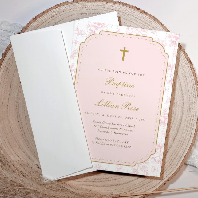Invitation Baptême Fille Fleur Rose Toile Vintage (Elegant French floral pink baptism invitation with Victorian frame.)
