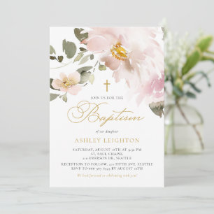 Invitation Baptême Fille Fleurs Aquarelle Rose Féminin