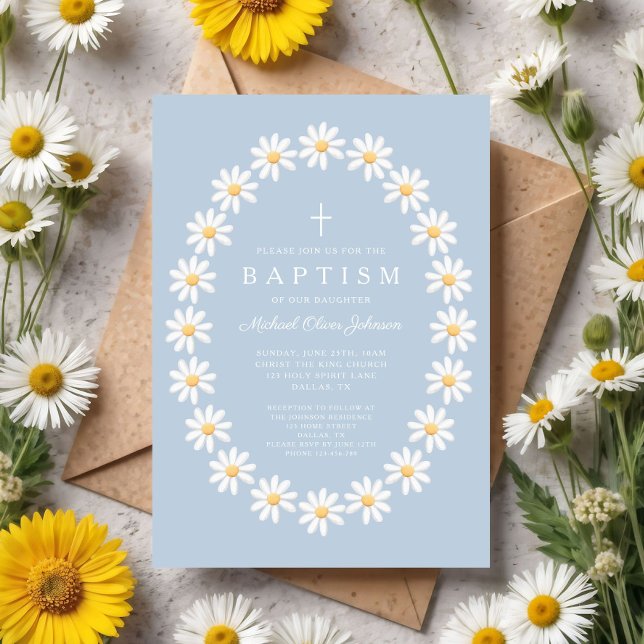 Invitation Baptême Fille Fleurs de Marguerites Bleues Moderne (Modern Blue Floral Daisies Girl Baptism Invitation
)