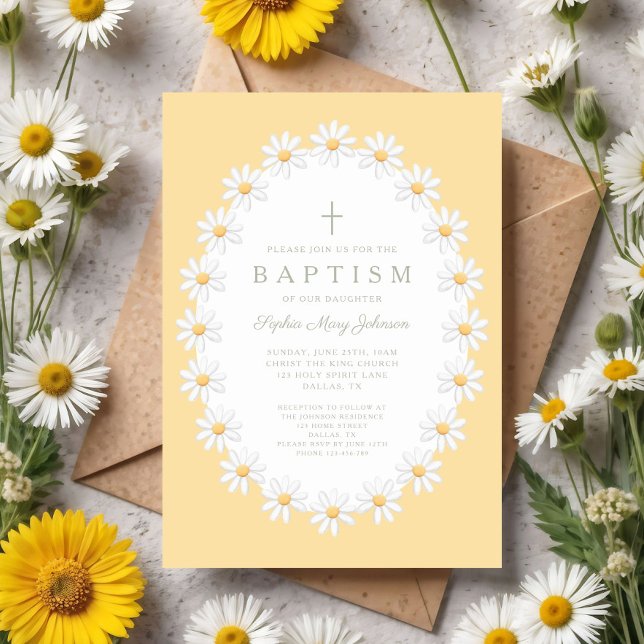 Invitation Baptême Fille Fleurs Élégantes de Marguerites (Elegant Floral Daisies Girl Baptism Invitation)