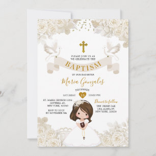 Invitation Baptême Fille Floral Blanc Ivoire Bohème