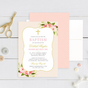 Invitation Baptême Fille Floral Rose Pâle Élégant Or