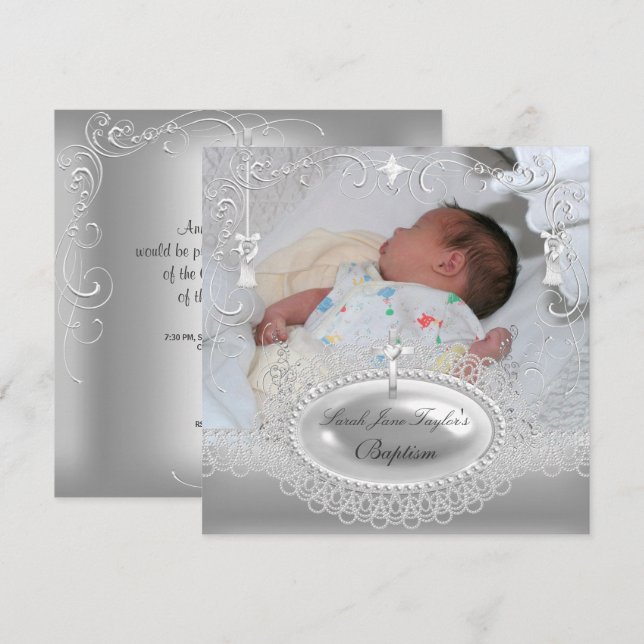 Invitation Baptême Fille Garçon Christening Perle Argent (Devant / Derrière)
